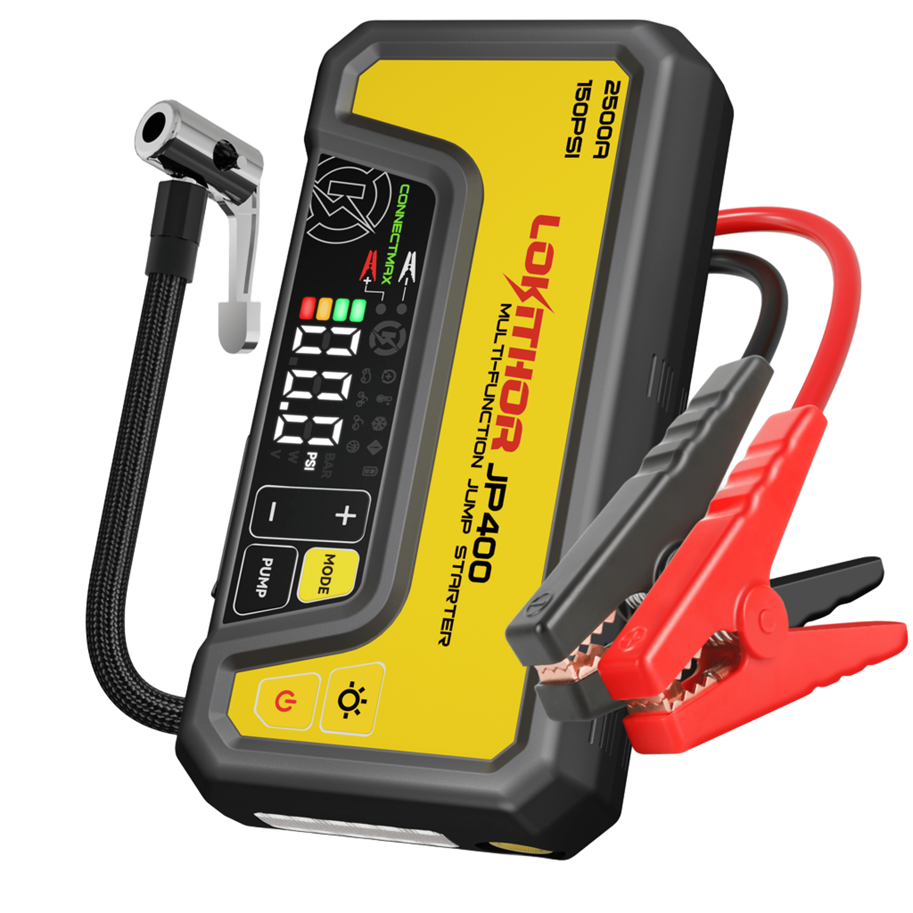 Yellow LOKITHOR JP400 Jump Starter with air hose and clamps