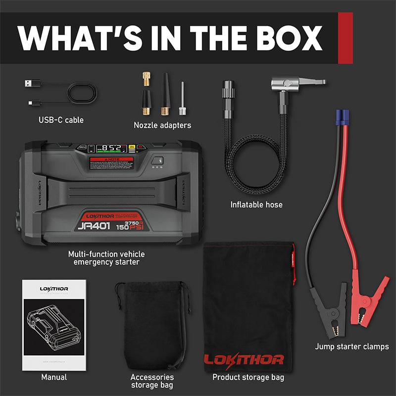 LOKITHOR JA401 box contents including cables and clamps